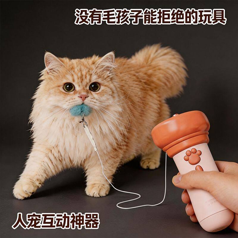 抖音爆款电动钓猫器玩具一键弹射自动回收逗猫棒懒人逗宠神器彩盒