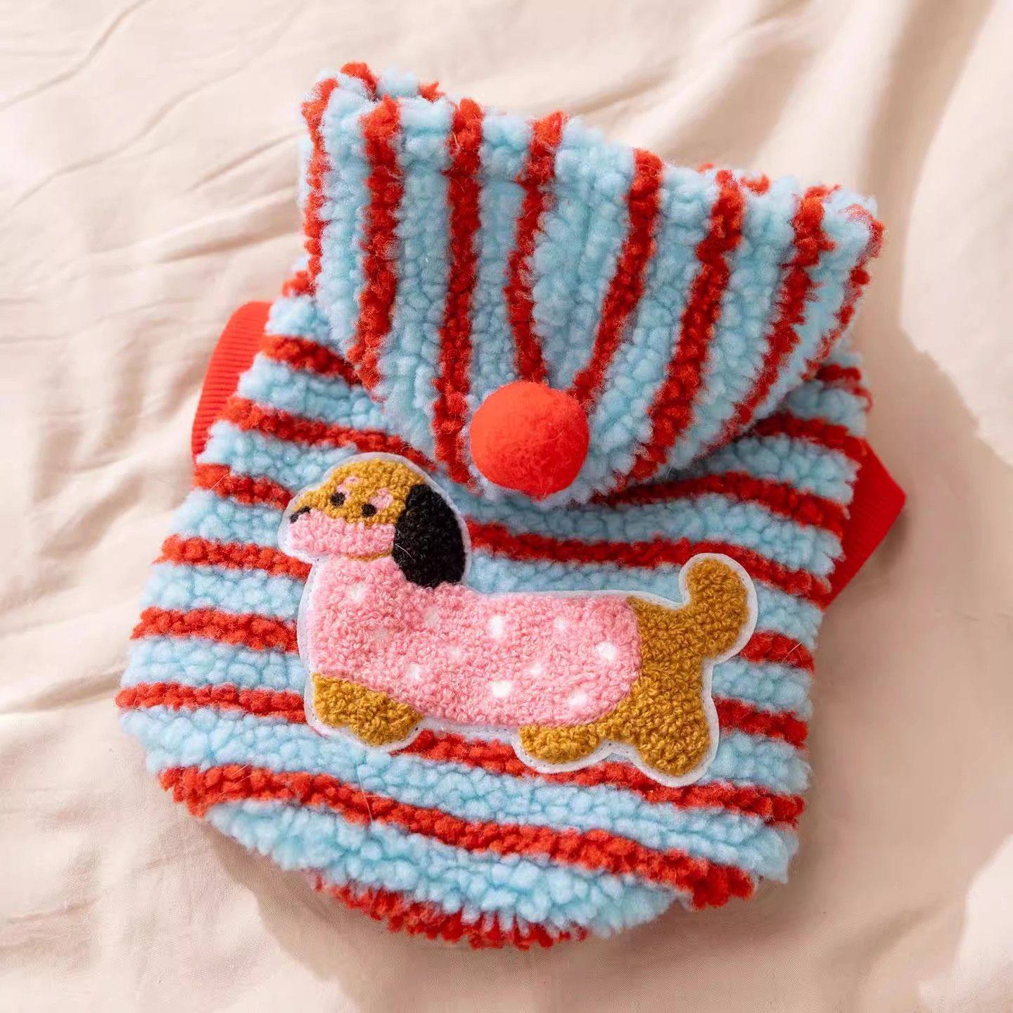 秋冬狗狗衣服卡通条纹腊肠犬可牵引两脚绒衣比熊泰迪小型犬卫衣