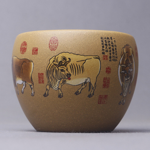 宜兴紫砂杯纯全手工主人杯原矿黄金段泥茶杯烤花五牛图品茗杯单杯