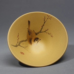 紫云堂宜兴紫砂杯手工斗笠杯主人杯原矿黄金段泥贴花鸟品茗杯单杯