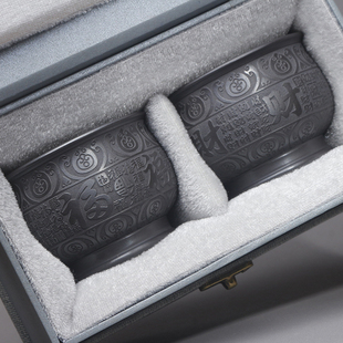 宜兴紫砂杯纯全手工主人杯原矿石黄泥刻绘百福百财品茗杯对杯精品