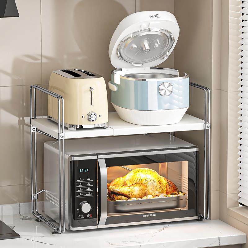 日系微波炉架子厨房台面烤箱双层伸缩电饭煲电器分层收纳置物架