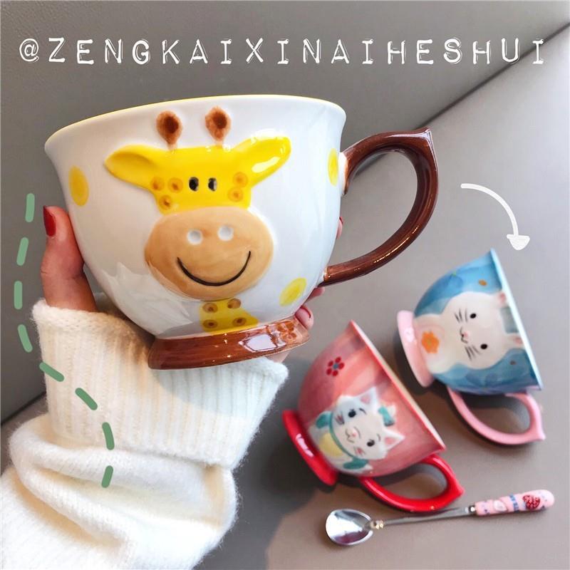 可爱陶瓷杯马克杯创意陶瓷杯早餐杯牛奶咖啡杯子家用水杯送勺子