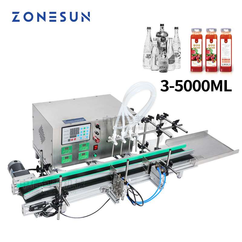 ZONESUN 4头全自动液体灌装机 果汁饮料输送带小型流水线灌装机