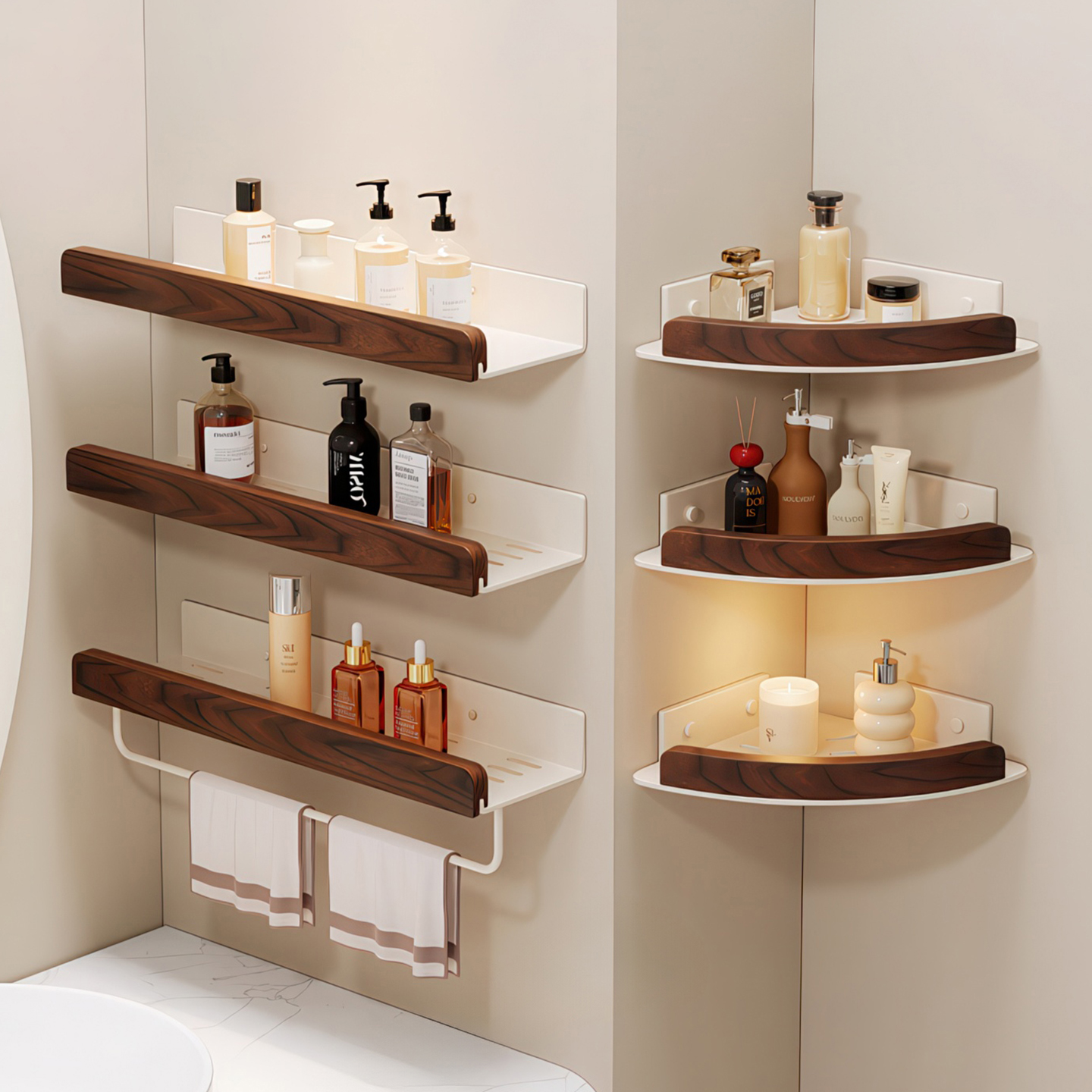 胡桃木卫生间置物架浴室厕所三角架洗手间墙角实木免打孔壁挂脚架