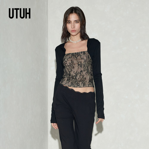 UTUH黑色针织立体肌理长袖打底衫