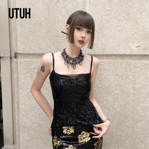 UTUH黑色珠片小众辣妹背心吊带