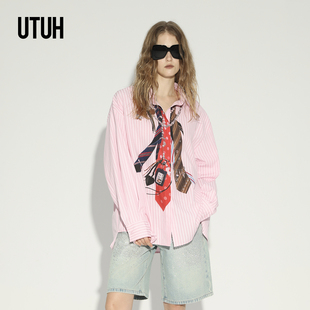 【许嵩同款】UTUH粉色慵懒风上衣错视领带印花宽松廓形翻领衬衫