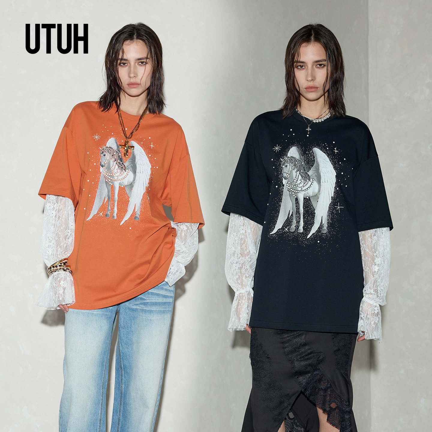 UTUH26春橘/黑色印花T恤蕾丝拼接袖子休闲圆领宽松上衣TDWLS2T595