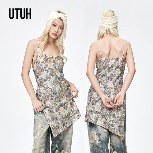 UTUH咖花色复古珠片背心吊带
