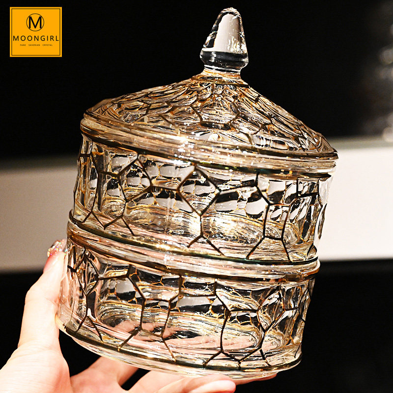 Moongirl欧式复古玻璃果盘带盖首饰盒小水果盘干果糖果盅摆件装饰