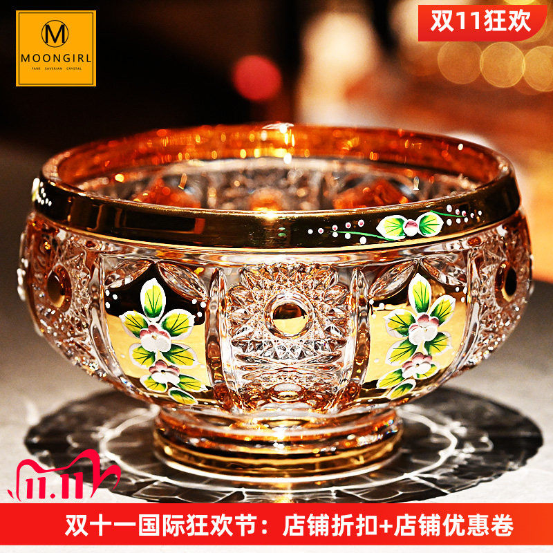 珐琅镀金水晶玻璃茶几带盖干果盘