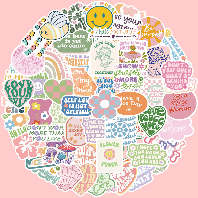 100张粉色励志语言英文贴纸装饰笔记本头盔相框画手账保温杯吉他衣柜拉杆箱手机贴纸防水pvc