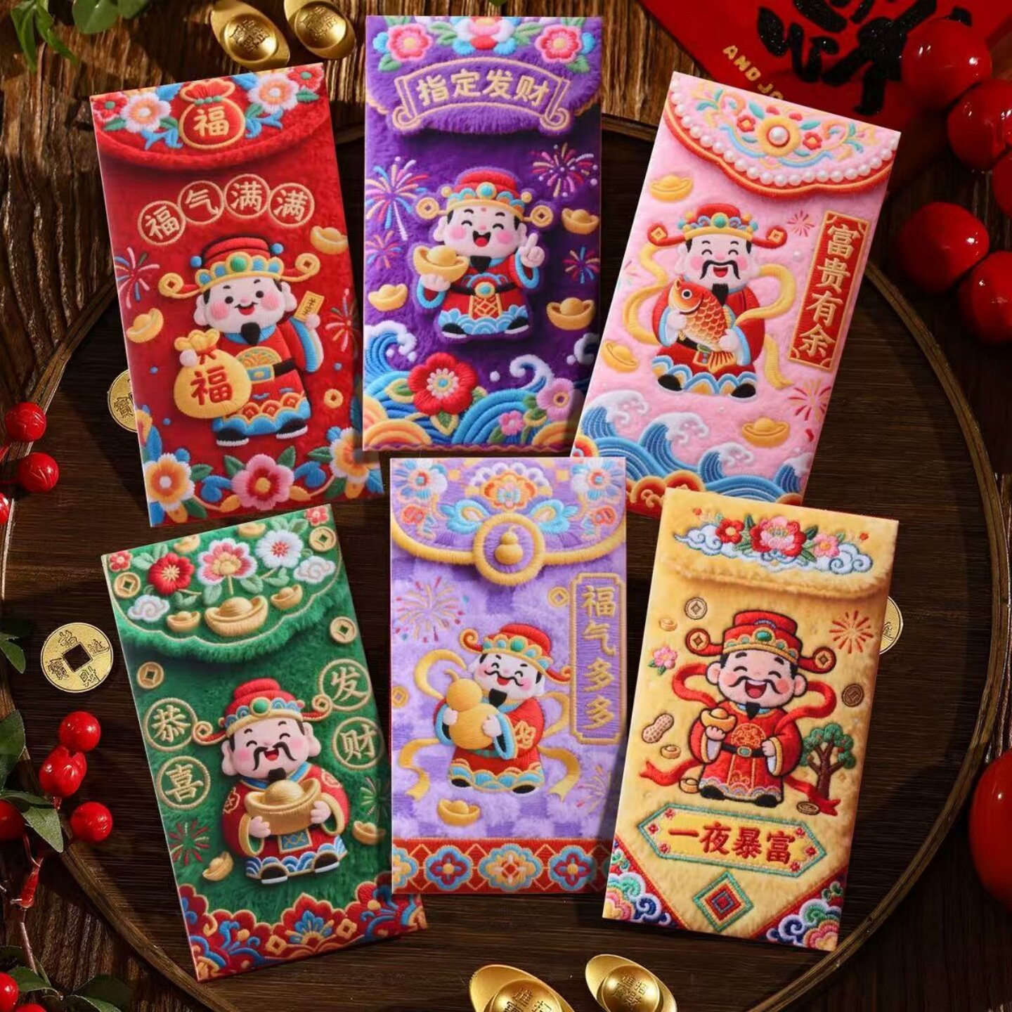 抖音2026马年仿平面刺绣卡通福马贴纸红包春节创意压岁拜年利是封福气满满新年贺卡福袋指定发财新年祝福财神