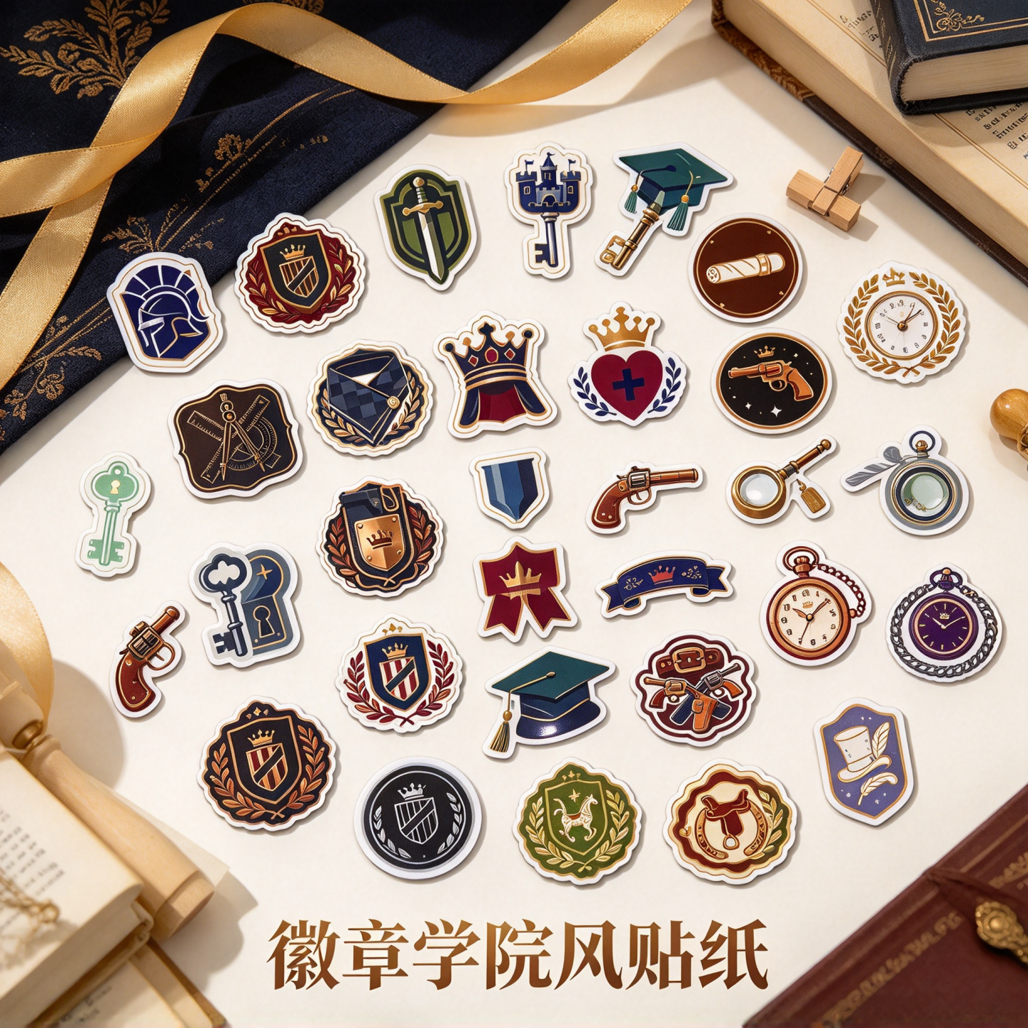 美系复古贵族风50张徽章学院风贴纸笔记本装饰贴自粘不干胶个性贴纸不重复贴纸DIY电脑ipad充电器充电宝贴纸