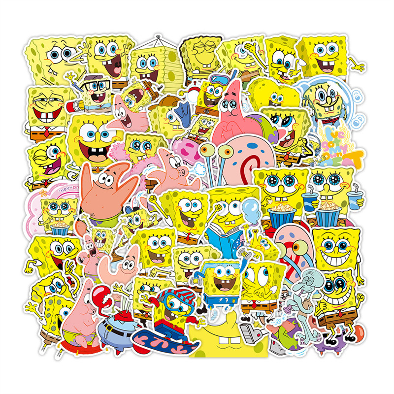 50张可爱海绵宝宝派大星人物卡通动画贴纸装饰笔记本头盔相框画手账保温杯吉他衣柜收纳箱拉杆箱贴纸防水pvc