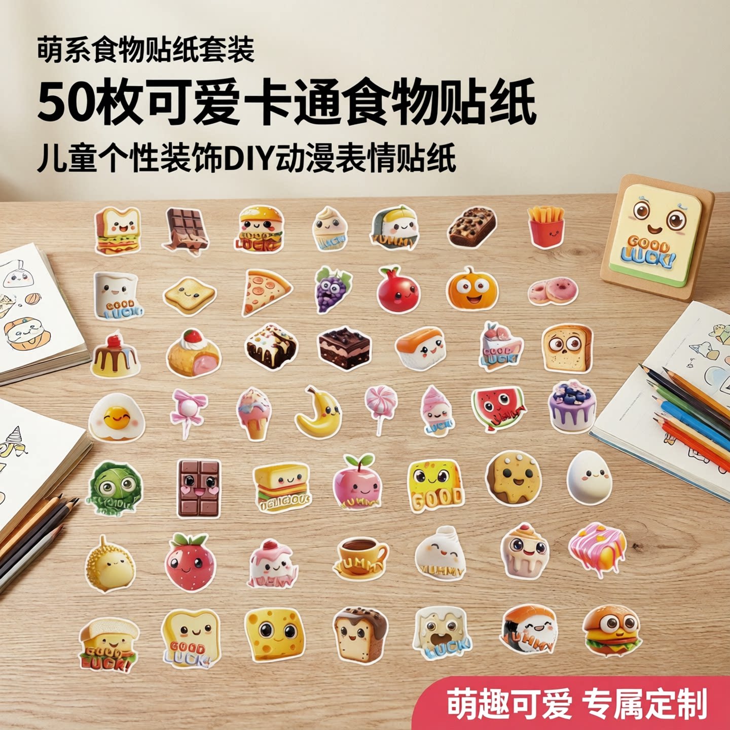 50张可爱卡通食物笔记本贴纸套装儿童个性装饰贴DIY卡通贴纸动漫表情萌系甜点水果造型面包装饰贴纸头盔手机