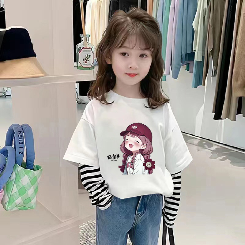 童装女童假两件长袖t恤春秋款儿童上衣秋装中大童纯棉条纹打底衫