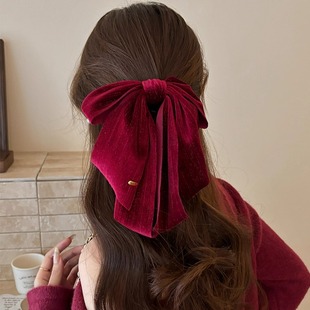 韩版丝绒红色蝴蝶结发夹女高级感气质抓夹后脑勺盘发鲨鱼夹子头饰