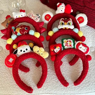 新年款红色小马毛绒发箍女童不勒头发饰宝宝可爱醒狮头箍发卡