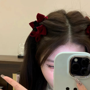 甜系公主头丝绒蝴蝶结小抓夹红色高级感侧边发夹头饰前额刘海边夹