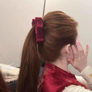 红色丝绒蝴蝶结香蕉夹竖夹大号高级感秋冬发夹女后脑勺高马尾抓夹