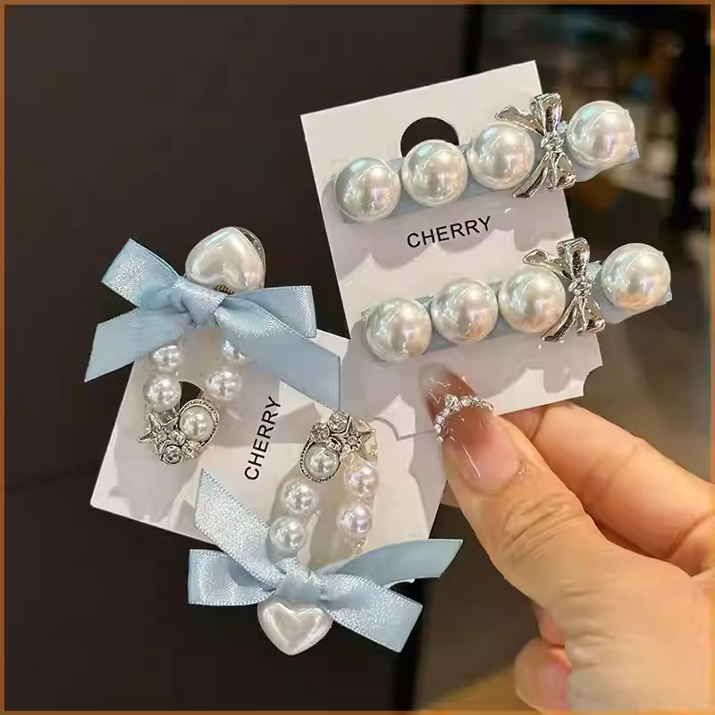 韩国新款浅蓝色珍珠发夹蝴蝶结发卡对夹侧边刘海夹鸭嘴夹一字夹女