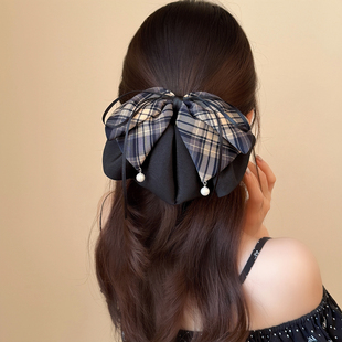 韩版格子蝴蝶结丝带抓夹高级感后脑勺半扎发马尾夹气质显发量发夹