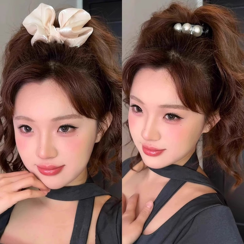 AB面珍珠蝴蝶结丸子头高马尾抓夹女高级感2025新款马尾夹发夹甜妹
