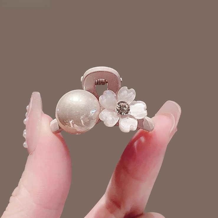 甜美粉色花朵珍珠小抓夹气质超仙前额碎发刘海夹时尚百搭半扎发夹