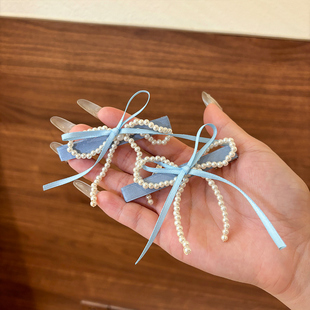 高级感珍珠蝴蝶结丝带发夹女甜美森系后脑勺边夹可爱气质新款发卡