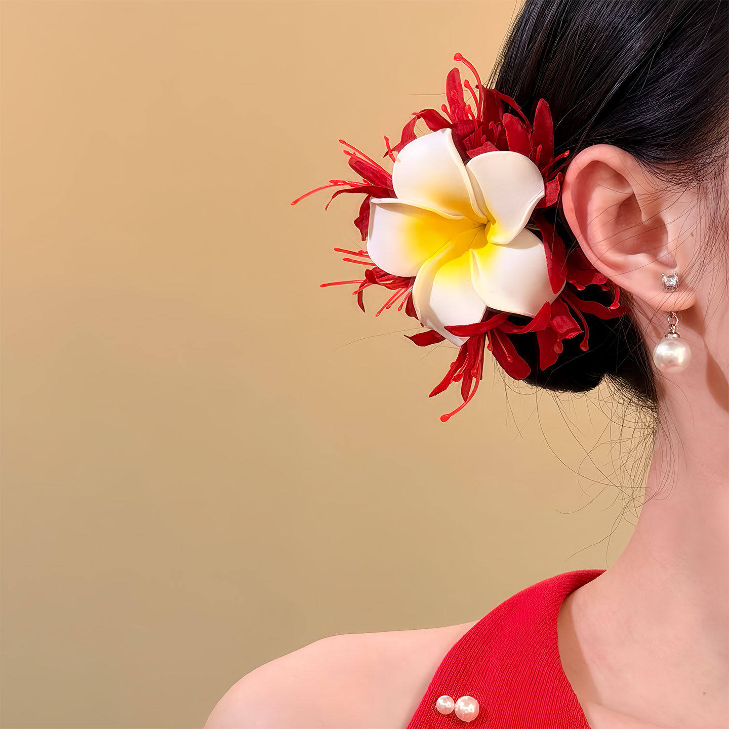 夏日黄色鸡蛋花发夹女拍照花朵氛围感侧边头花头饰海边配饰