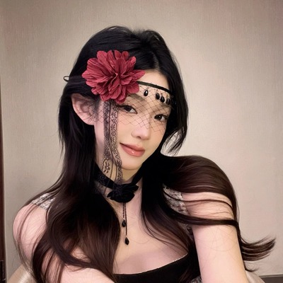 暗黑风面纱女小众红玫瑰性感半脸蕾丝脸饰面具万圣节派对拍照头饰