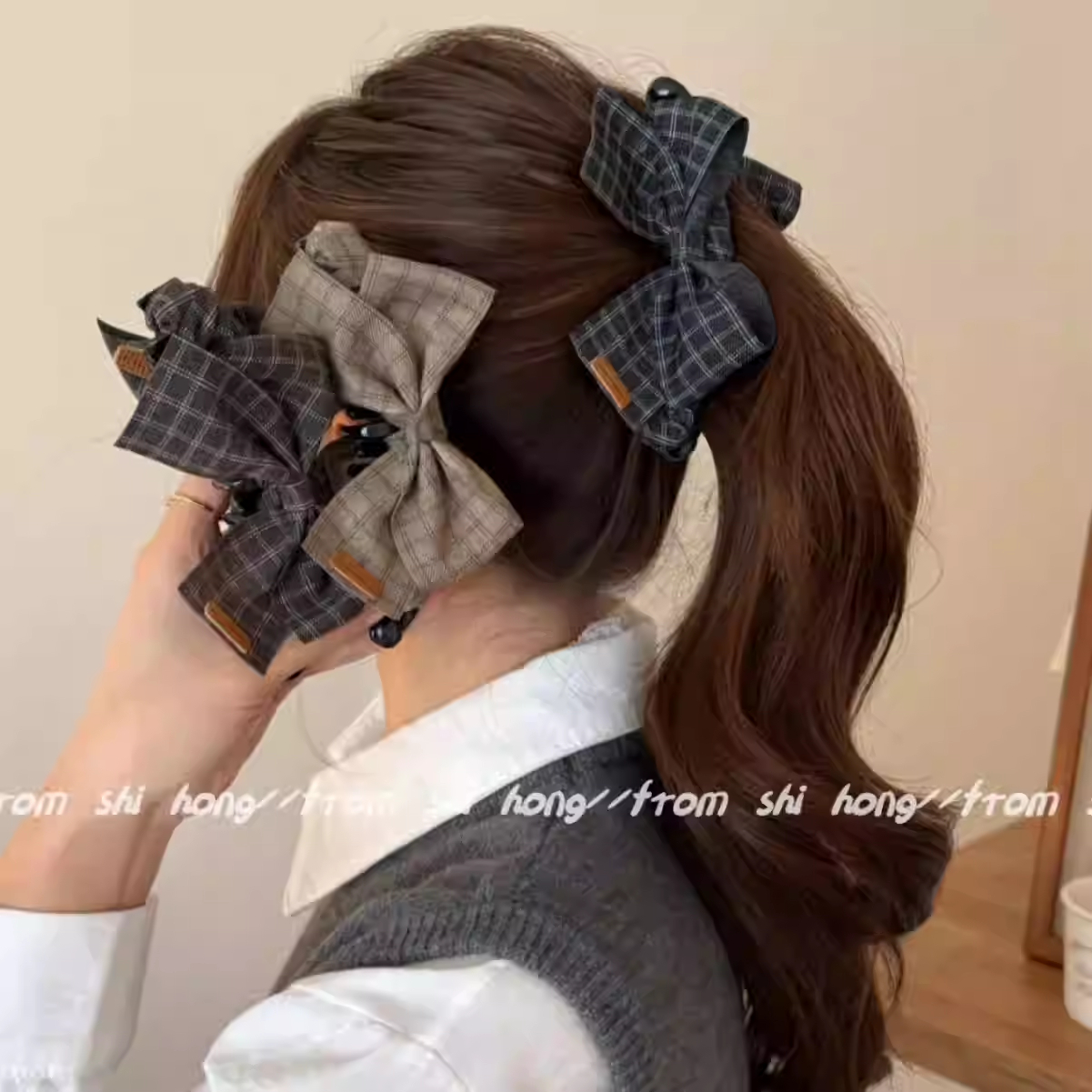 格纹蝴蝶结发夹女后脑勺半扎发香蕉夹高马尾盘发扭扭夹竖夹头饰秋