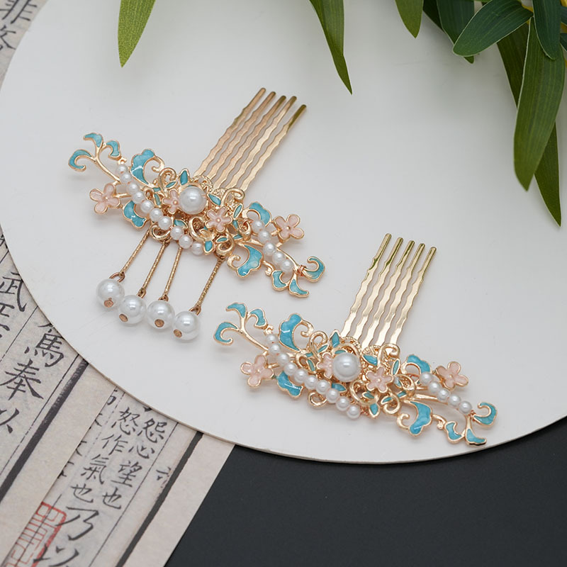 新中式珐琅滴釉珍珠流苏发梳挽发插梳压鬓簪侧边后压汉服发钗配饰