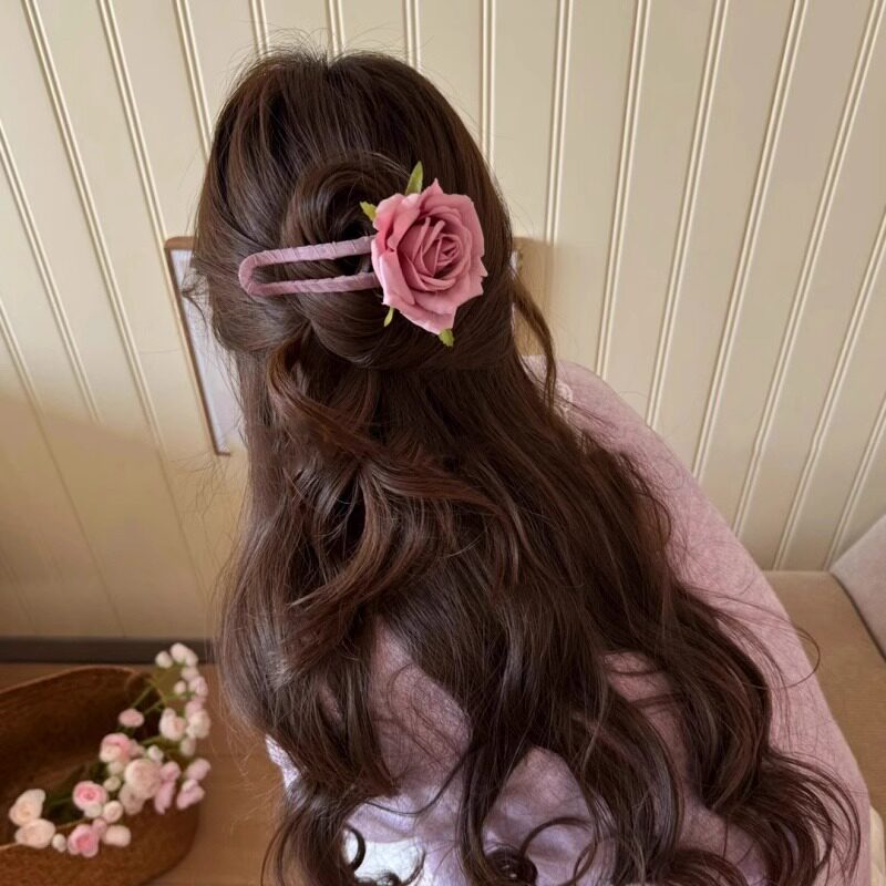 超仙仿真玫瑰花朵鸭嘴夹春夏氛围感花朵发夹甜美后脑勺发饰
