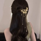 2024年新中式 金色梅花流苏U型簪国风超仙步摇古风旗袍发簪发钗