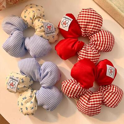 可爱红色格子花朵大肠发圈女高级感丸子头超大号扎头发新年头饰