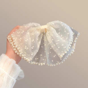 网红珍珠网纱发饰高级感网纱蝴蝶结头饰发夹弹簧夹头顶夹仙气飘飘