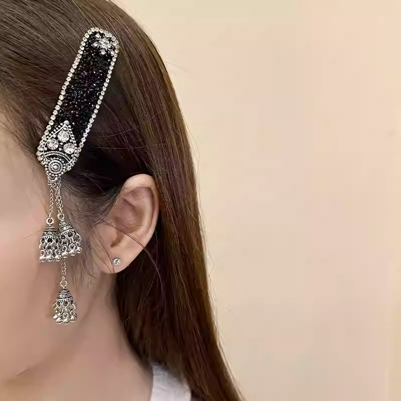 璀璨星河名族风黑曜石闪钻铃铛流苏发夹女高级感甜美前额侧边夹