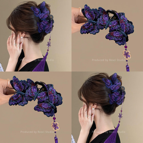 新中式国风刺绣蝴蝶抓夹女古风高级感旗袍发饰后脑勺流苏鲨鱼夹子