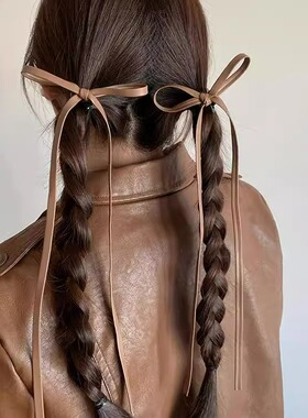 咖色皮质蝴蝶结发夹美式高级感甜美风双马尾鸭嘴夹侧边夹发饰