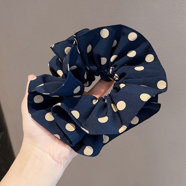 高级感双层布艺藏蓝色波点褶皱肥肠圈韩国显白扎发头花皮筋女