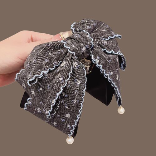 甜美布艺蝴蝶结珍珠马尾夹少女心撞色抓夹可爱盘发夹温柔发卡