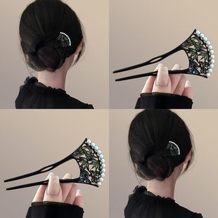 扇形螺钿u型发簪新中式后脑勺发钗盘发神器簪子古典气质头饰发饰