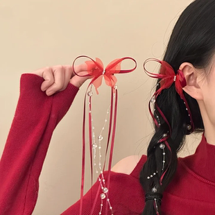 新中式红色蝴蝶结侧边发夹高颜值精致时尚气质新年显白氛围感发饰