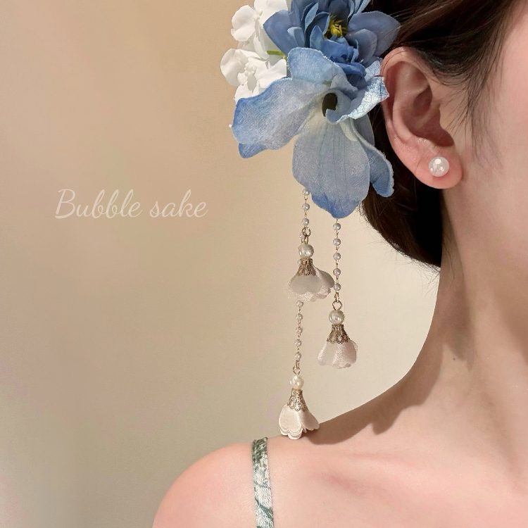 蓝调芳华 古风蓝色花朵流苏发夹女新中式旗袍侧边夹超仙度假发饰