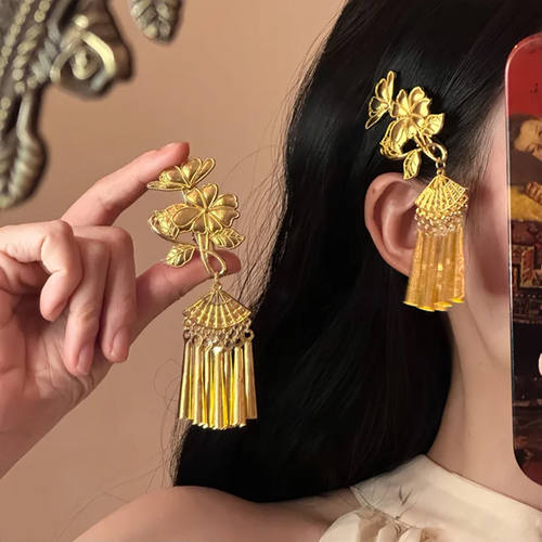 虞书欣同款金色花朵流苏发夹女2025新款高端新中式头饰侧边夹发饰