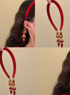 超仙红色宝石丝绒发箍轻奢高级感高颅顶压发头箍旅行卡