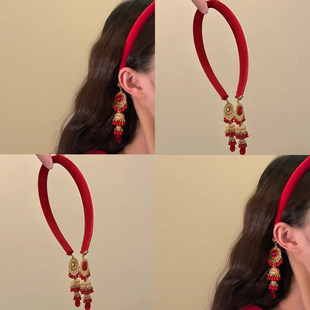 超仙红色宝石丝绒发箍轻奢高级感高颅顶压发头箍旅行卡